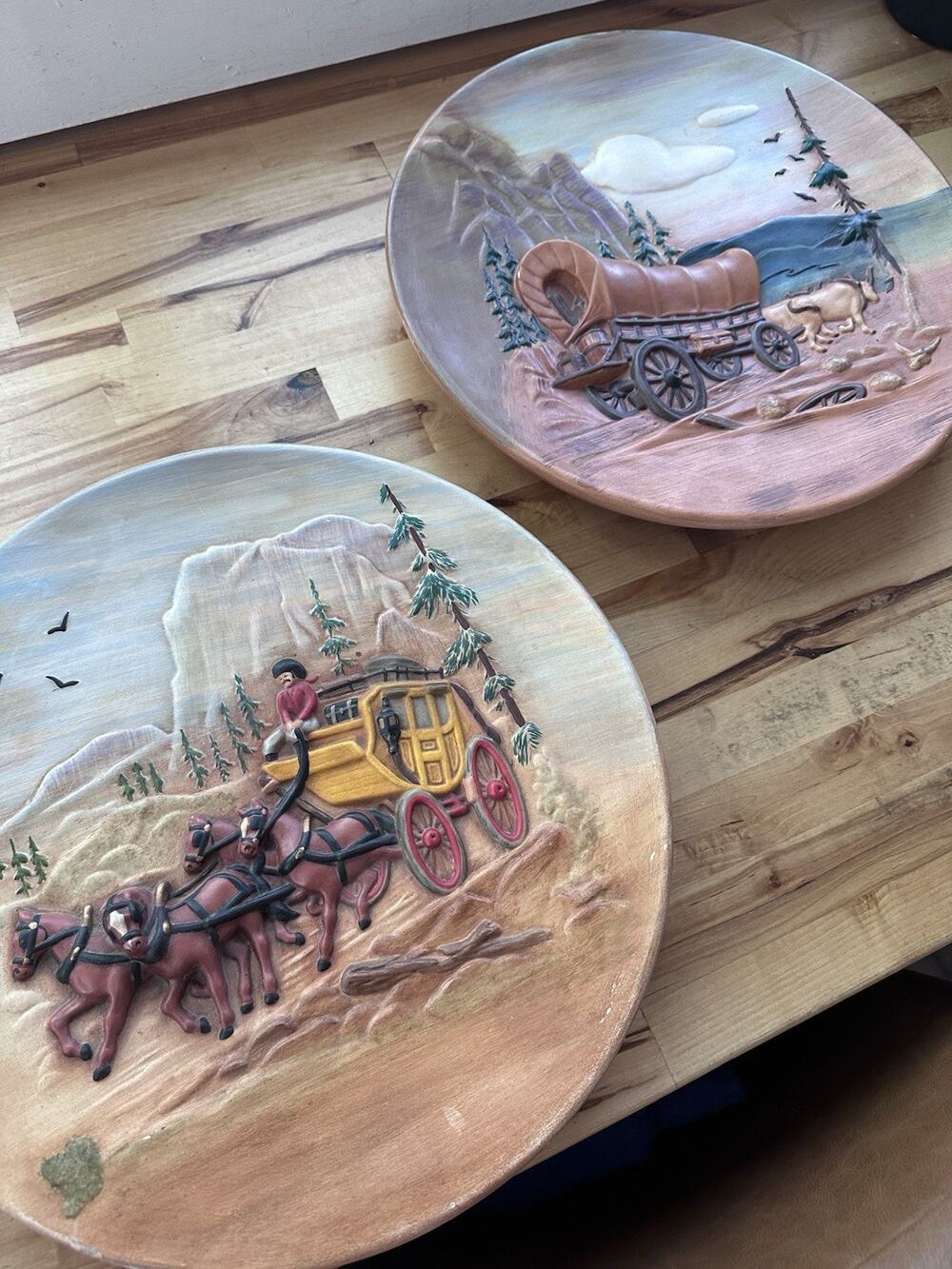 Vintage Signed Carved 1971 Western Wall Plaques 14" Stagecoach Covered Wagon